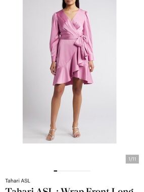 Tahari Dusty Rose Satin Wrap Dress with Ruffle Accent
